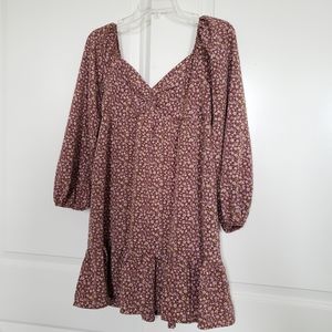 Brown Floral Ruched Mini Dress